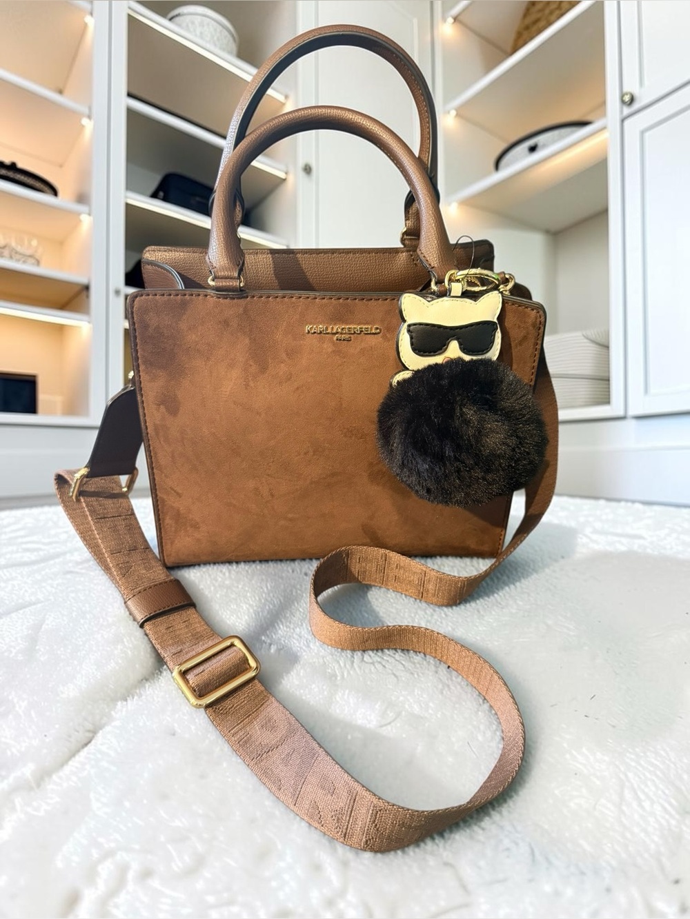 Karl Lagerfeld Paris Brown Suede Top-Handle Satchel with Pom-Pom Charm